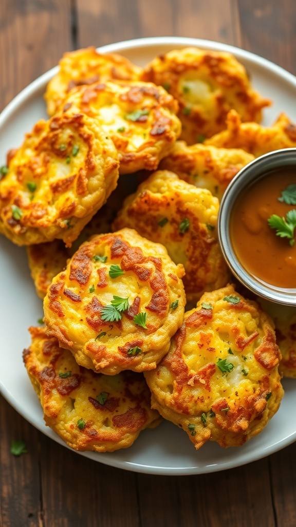 Crispy zucchini and potato fritters on a plate with fresh herbs and dipping sauce.